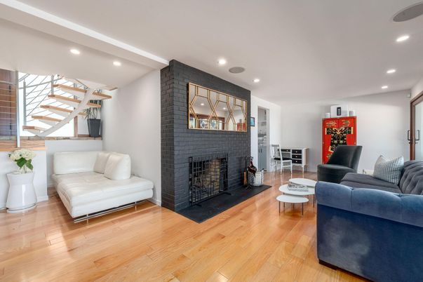 Fireplace, Interior, Living room, Recessed Lighting, Wood Texture Flooring