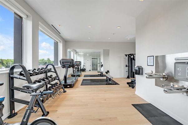 Fitness Equipment, Gym, Interior, Recessed Lighting, Wood Texture Flooring