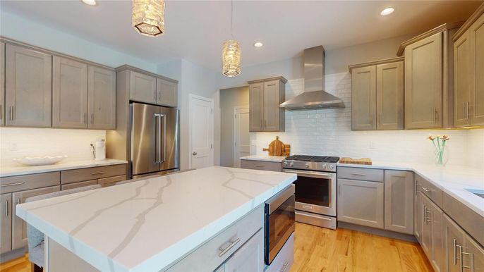 Interior, Kitchen, Pendant Lights, Recessed Lighting, Stainless Steel Appliances, Wood Texture Flooring