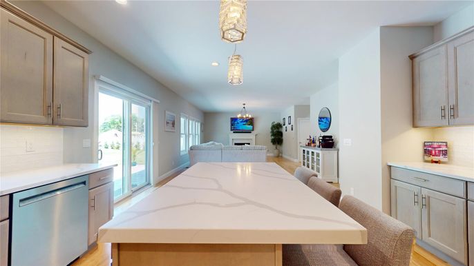 Chandelier, Interior, Kitchen, Pendant Lights, Recessed Lighting, Wood Texture Flooring