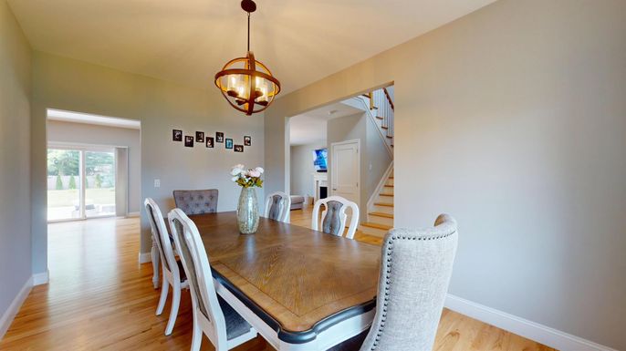 Chandelier, Dining room, Interior, Pendant Lights, Wood Texture Flooring