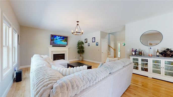 Fireplace, Interior, Living room, Pendant Lights, Wood Texture Flooring