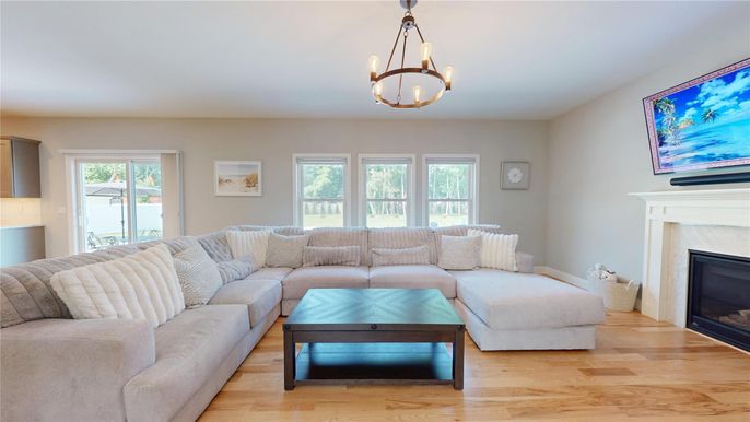 Fireplace, Interior, Living room, Pendant Lights, Wood Texture Flooring