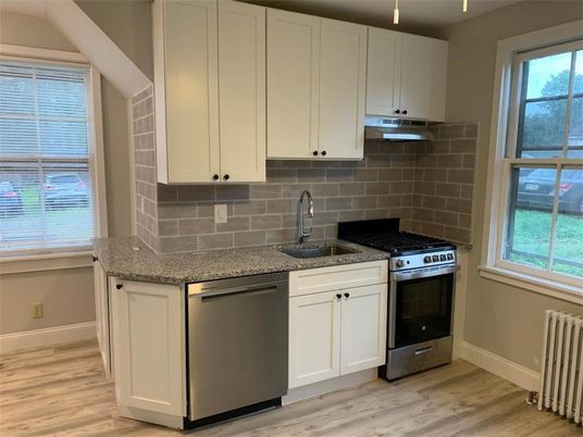 Interior, Kitchen, Stainless Steel Appliances, Stone Walls, Wood Texture Flooring