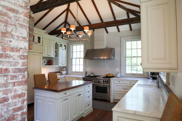 Chandelier, Interior, Kitchen, Pendant Lights, Stainless Steel Appliances, Wooden Beams, Wood Texture Flooring