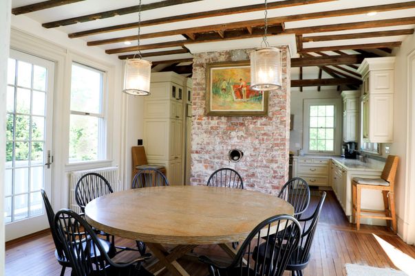 Dining room, Interior, Kitchen, Pendant Lights, Stone Walls, Wooden Beams, Wood Texture Flooring