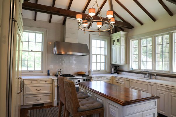 Chandelier, Interior, Kitchen, Stainless Steel Appliances, Wooden Beams