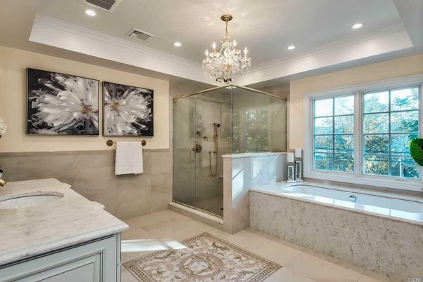 Bathroom, Chandelier, Glass Shower, Interior, Recessed Lighting