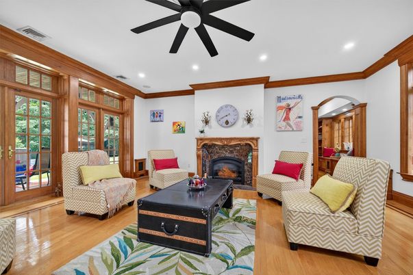 Fireplace, Interior, Living room, Recessed Lighting, Wood Texture Flooring