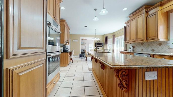 Dining room, Fireplace, Interior, Kitchen, Pendant Lights, Recessed Lighting, Stainless Steel Appliances