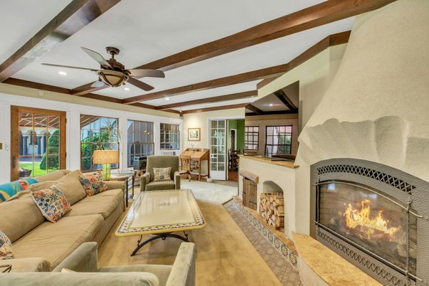 Fireplace, Interior, Living room, Recessed Lighting, Wooden Beams