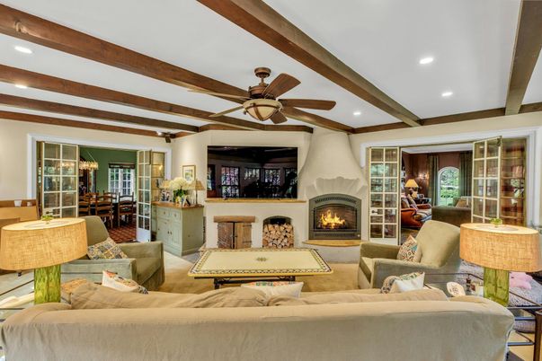 Fireplace, Interior, Living room, Recessed Lighting, Wooden Beams