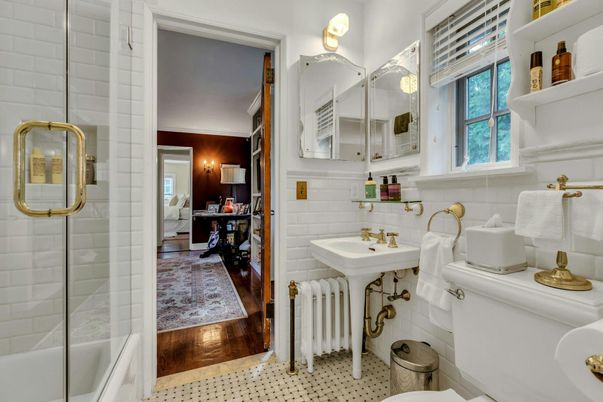 Bathroom, Glass Shower, Interior, Wood Texture Flooring