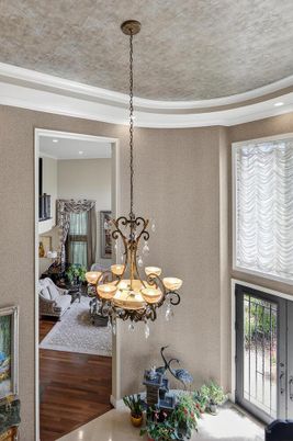 Bedroom, Chandelier, Dining room, Interior, Pendant Lights, Recessed Lighting, Wood Texture Flooring