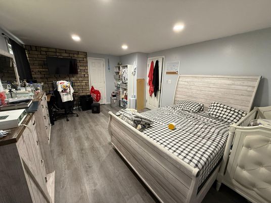 Interior, Recessed Lighting, Stone Walls, Wood Texture Flooring