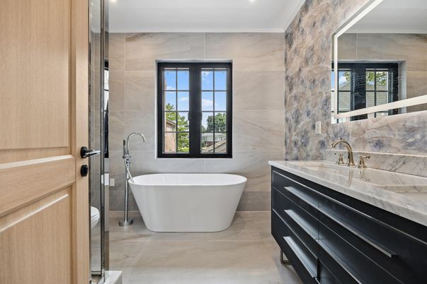 Bathroom, Free Standing Baths, Interior, Marble Walls, Recessed Lighting