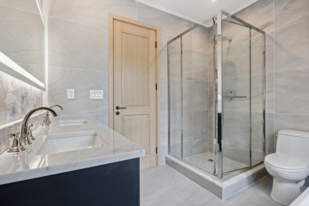 Bathroom, Glass Shower, Interior, Marble, Recessed Lighting