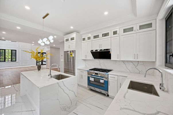 Interior, Kitchen, Marble, Pendant Lights, Recessed Lighting, Stainless Steel Appliances, Wood Texture Flooring