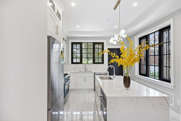 Interior, Kitchen, Marble, Pendant Lights, Recessed Lighting, Stainless Steel Appliances