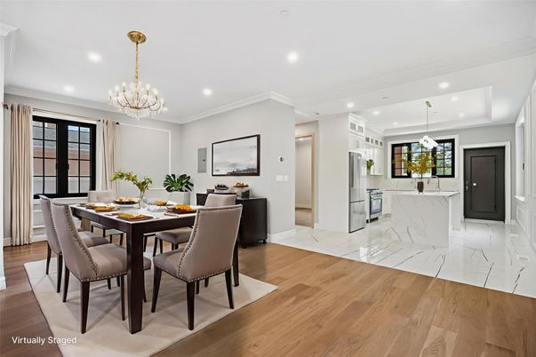 Chandelier, Dining room, Interior, Kitchen, Marble, Pendant Lights, Recessed Lighting, Wood Texture Flooring