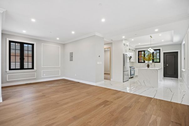 Interior, Kitchen, Marble, Pendant Lights, Recessed Lighting, Wood Texture Flooring