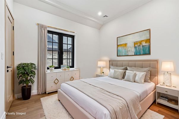 Bedroom, Interior, Recessed Lighting, Wood Texture Flooring