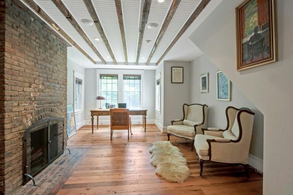 Fireplace, Home Office, Interior, Recessed Lighting, Stone Walls, Wood Texture Flooring
