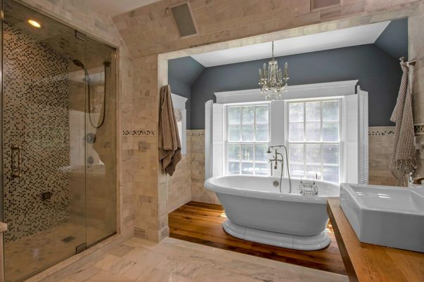 Bathroom, Chandelier, Dual Sink Vanities, Free Standing Baths, Glass Shower, Interior, Recessed Lighting, Wood Texture Flooring