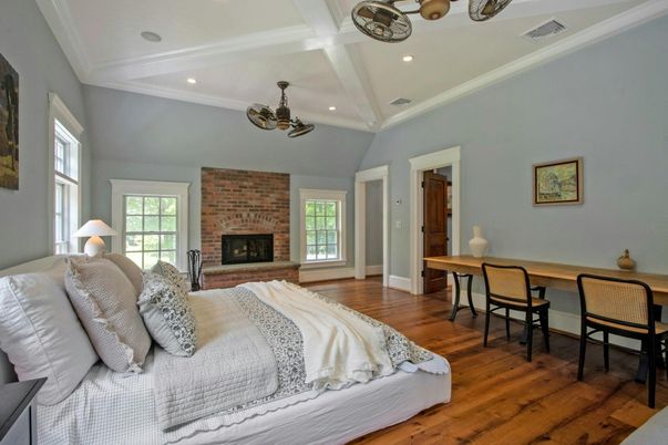 Bedroom, Fireplace, Interior, Recessed Lighting, Stone Walls, Wood Texture Flooring