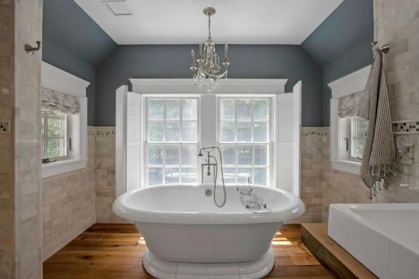 Bathroom, Chandelier, Free Standing Baths, Interior, Wood Texture Flooring