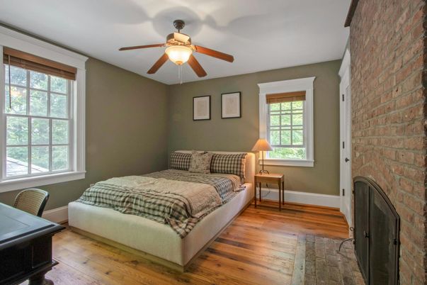 Bedroom, Fireplace, Interior, Stone Walls, Wood Texture Flooring