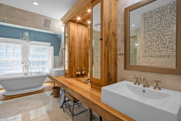 Bathroom, Dual Sink Vanities, Free Standing Baths, Interior, Recessed Lighting, Wooden Walls