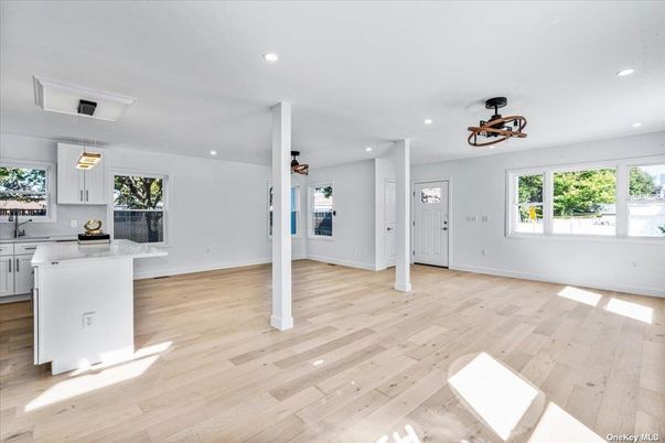 Empty room, Interior, Kitchen, Pendant Lights, Recessed Lighting, Wood Texture Flooring