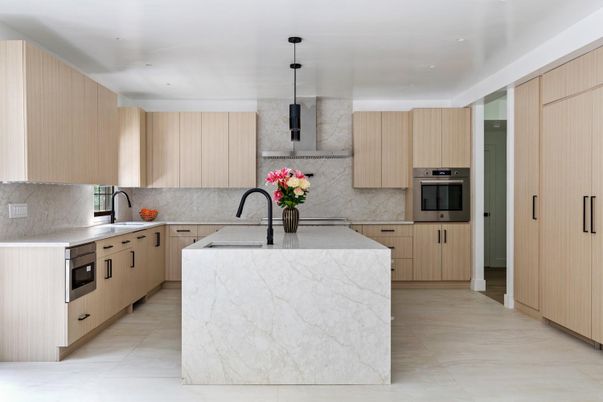 Interior, Kitchen, Marble Walls, Pendant Lights, Recessed Lighting, Stainless Steel Appliances