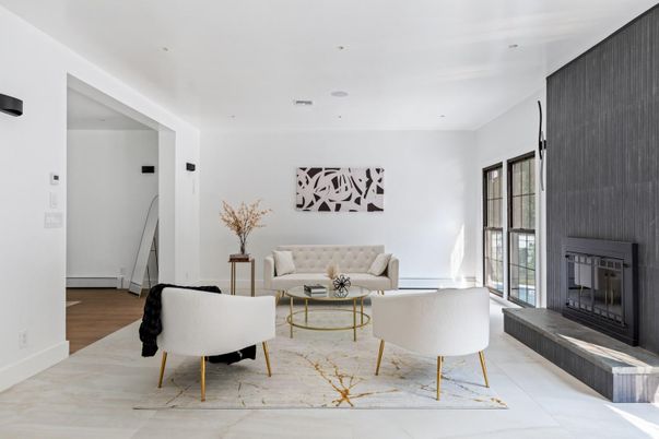 Fireplace, Interior, Living room, Recessed Lighting, Wood Texture Flooring