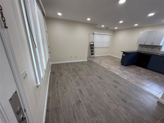 Empty room, Fireplace, Interior, Recessed Lighting, Wood Texture Flooring