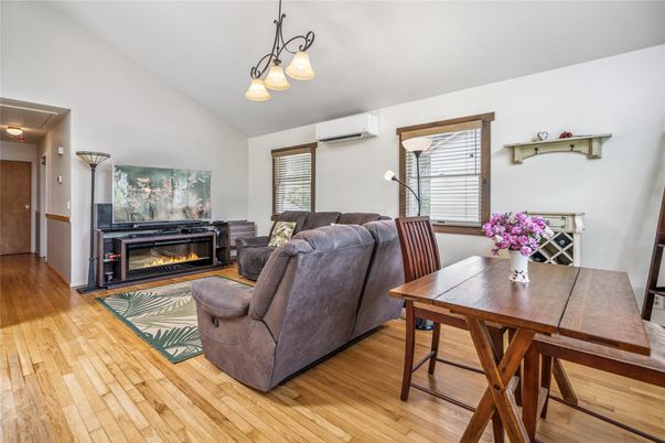 Dining room, Fireplace, Interior, Living room, Pendant Lights, Wood Texture Flooring