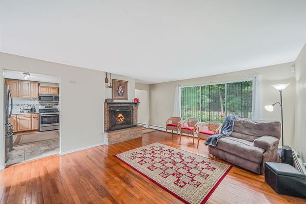 Fireplace, Interior, Kitchen, Living room, Stainless Steel Appliances, Wood Texture Flooring