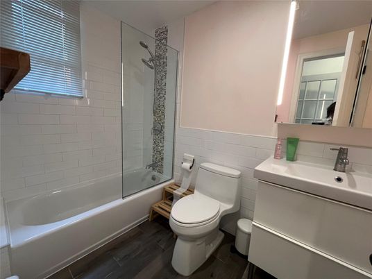 Bathroom, Glass Shower, Interior, Wood Texture Flooring