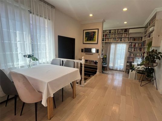 Dining room, Interior, Recessed Lighting, Wood Texture Flooring