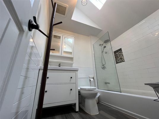 Bathroom, Glass Shower, Interior, Wood Texture Flooring