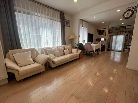 Dining room, Interior, Living room, Recessed Lighting, Wood Texture Flooring