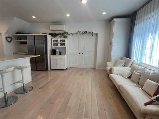 Interior, Kitchen, Living room, Recessed Lighting, Stainless Steel Appliances, Wood Texture Flooring
