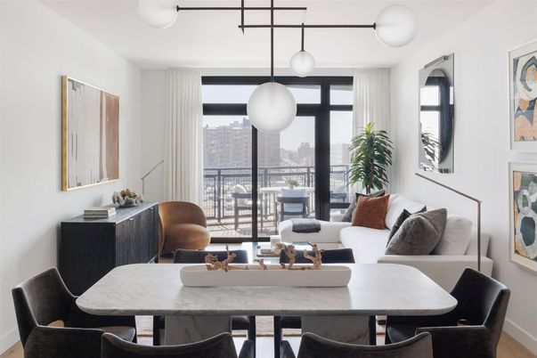 Dining room, Interior, Living room, Pendant Lights, Wood Texture Flooring