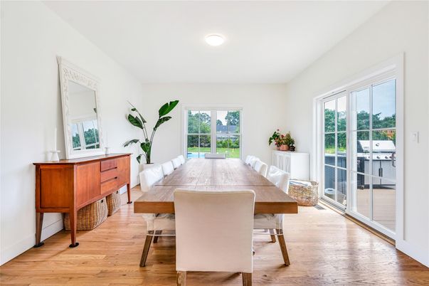Dining room, Interior, Recessed Lighting, Wood Texture Flooring