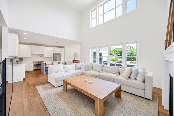 Fireplace, Interior, Kitchen, Living room, Pendant Lights, Recessed Lighting, Wood Texture Flooring