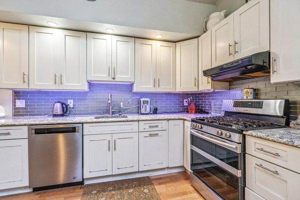 Interior, Kitchen, Recessed Lighting, Stainless Steel Appliances, Wood Texture Flooring