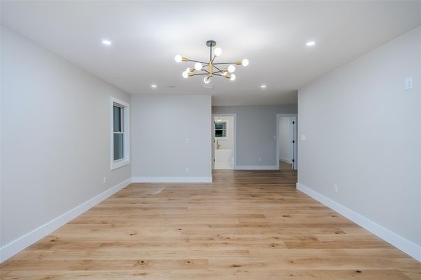 Empty room, Interior, Pendant Lights, Recessed Lighting, Wood Texture Flooring