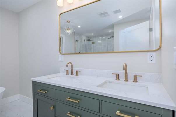 Bathroom, Dual Sink Vanities, Interior, Marble, Recessed Lighting