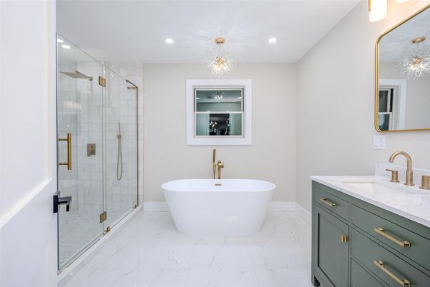 Bathroom, Dual Sink Vanities, Free Standing Baths, Glass Shower, Interior, Marble, Recessed Lighting